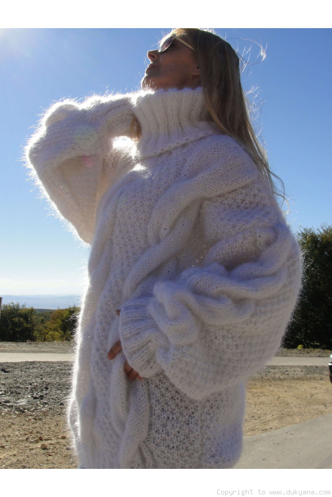 Handmade oversized mohair T-neck cabled sweater