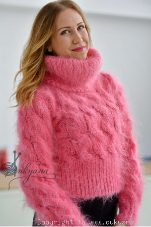 Cropped cabled mohair T-neck sweater