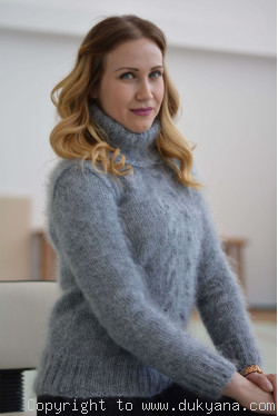 Classic cabled Tneck mohair sweater in gray