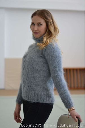 Classic cabled Tneck mohair sweater in gray 