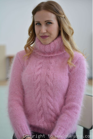 Classic cabled Tneck mohair sweater in pink