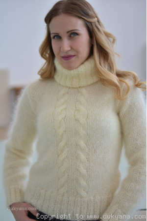 Classic cabled Tneck mohair sweater in cream white