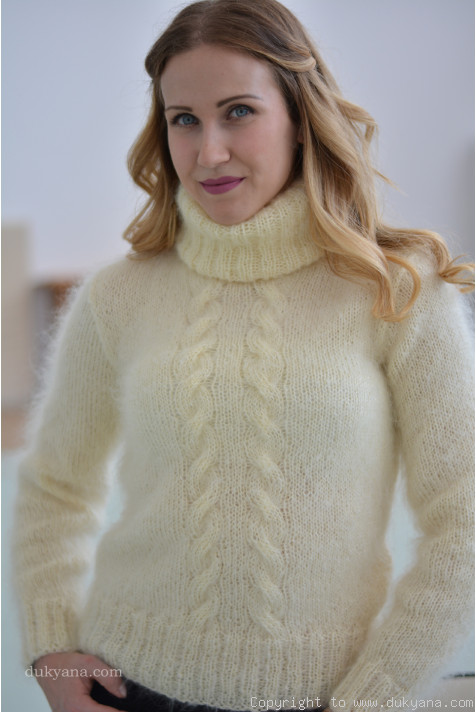 Classic cabled Tneck mohair sweater handknit in cream white/T93