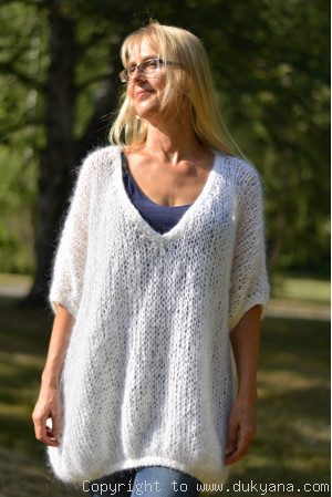 oversized mesh summer V-neck sweater in white mohair
