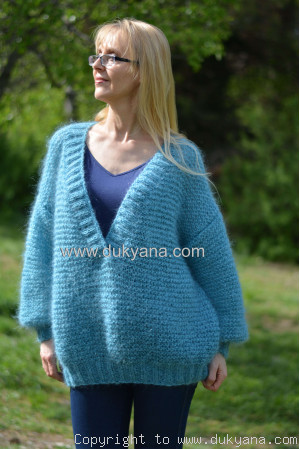 Summer  slouchy mohair V-neck sweater in  aqua