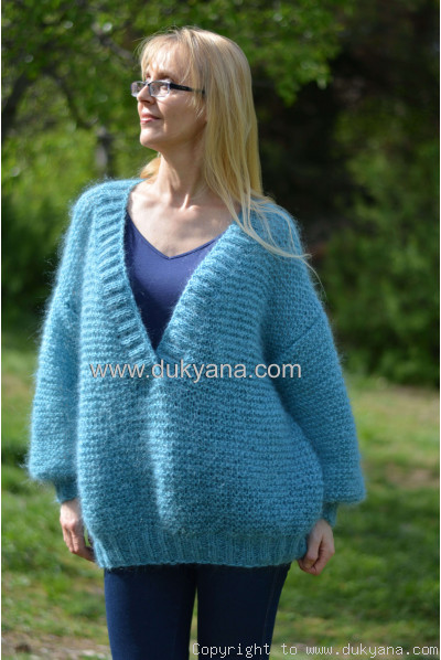 Summer  slouchy mohair V-neck sweater in  aqua