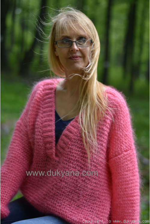 Oversized summer mohair V-neck sweater in candy pink