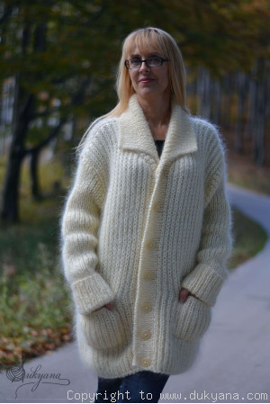Collared mens mohair cardigan hand knitted in Ivory