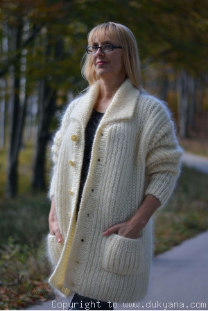 Collared mens mohair cardigan hand knitted in Ivory