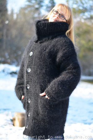 Mens mohair cardigan with a Tneck collar in black