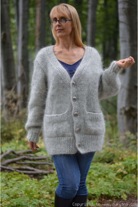V-neck mens mohair cardigan in heather gray/CAM27