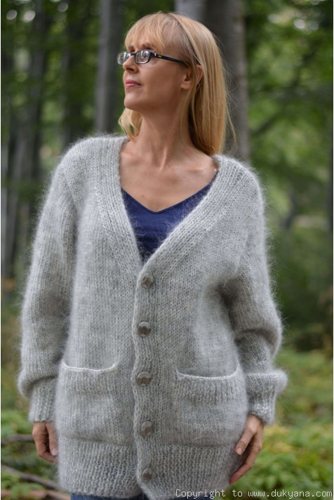 V-neck mens mohair cardigan in heather gray/CAM27