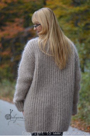 Collared mens mohair cardigan hand knitted in beige