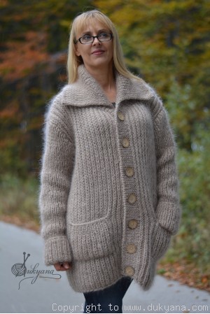 Collared mens mohair cardigan hand knitted in beige