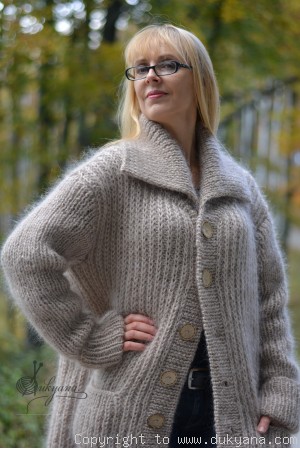 Collared mens mohair cardigan hand knitted in beige