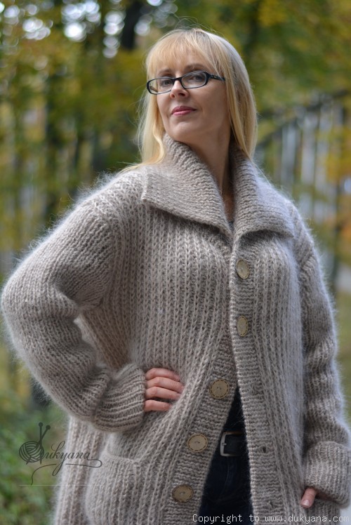 Collared mens mohair cardigan hand knitted in beige