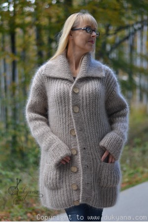 Collared mens mohair cardigan hand knitted in beige