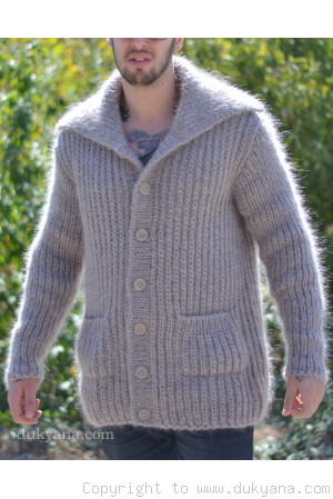 Collared mens mohair cardigan hand knitted in beige