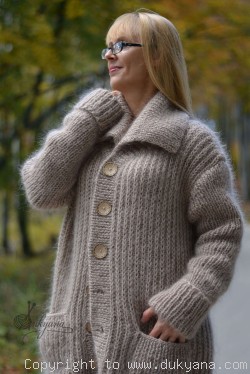 Collared mens mohair cardigan hand knitted in beige