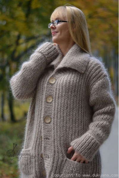 Collared mens mohair cardigan hand knitted in beige