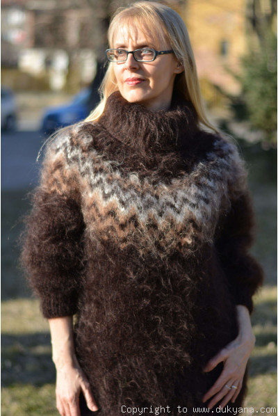 Knitted mens sweater with an Icelandic yoke in chocolate brown