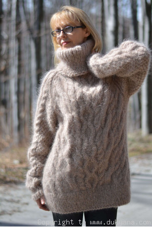 Handmade soft mohair Raglan sleeve Tneck cable sweater mens