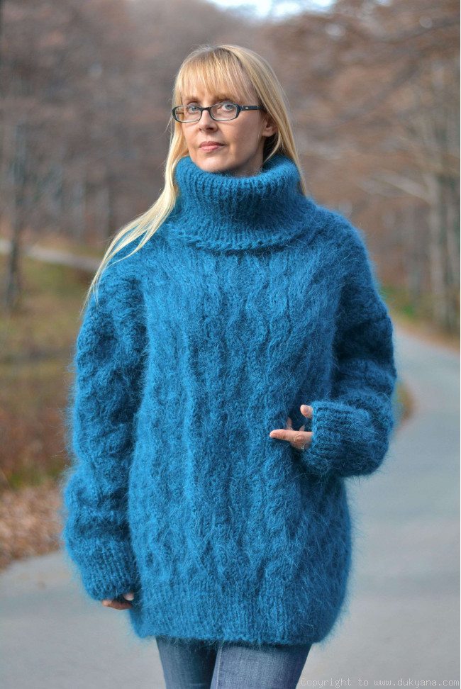 Handmade mohair sweater Raglan sleeve Tneck cabled jumper/TM43