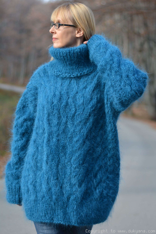 Handmade mohair sweater mens Tneck cabled jumper