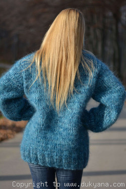 Hand knitted soft and thick mohair mens Tneck sweater in blue