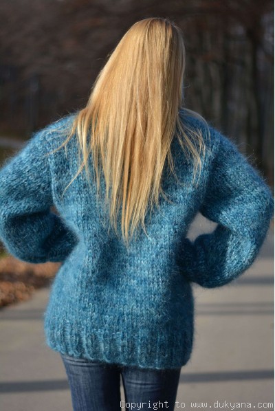 Hand knitted soft and thick mohair mens Tneck sweater in blue mix