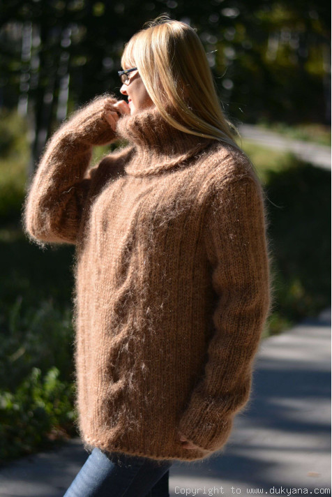 Hand knitted classic cable Tneck mens mohair sweater/TM46