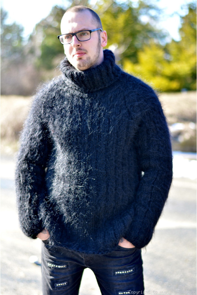 mens mohair hand knitted Tneck pullover in black/TM53