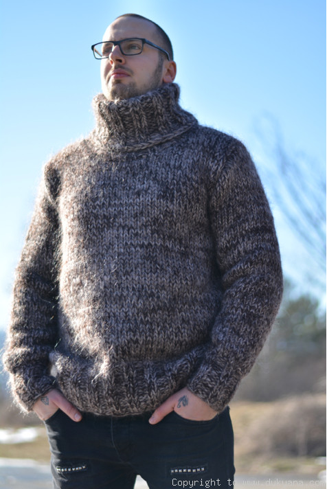 Knitted mens wool mohair Tneck sweater in brown/TM61