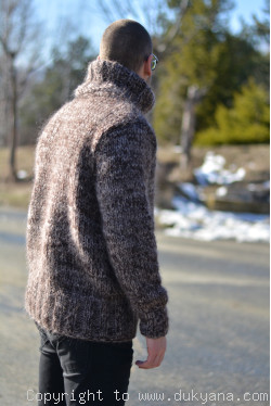 Knitted on request soft and thick wool and mohair mens Tneck sweater in brown mix