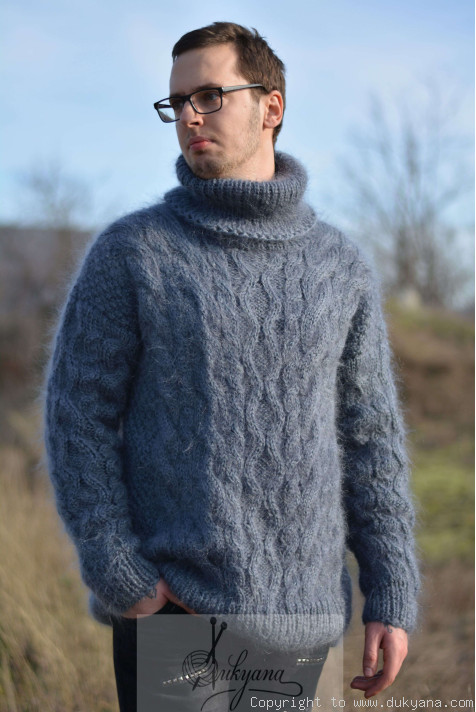 Handmade mohair mens sweater Tneck cabled jumper/TM68
