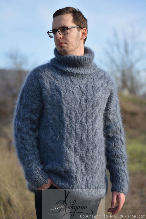 Knitted mens mohair sweater heavy cabled jumper in steel gray