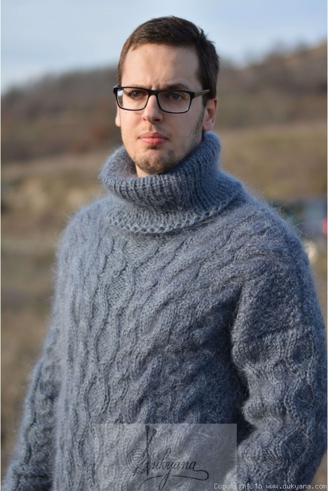 Handmade mohair mens sweater Tneck cabled jumper/TM68