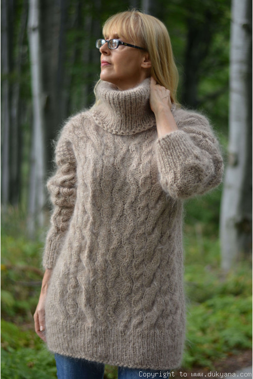 Knitted mens mohair sweater heavy cabled jumper in taupe beige