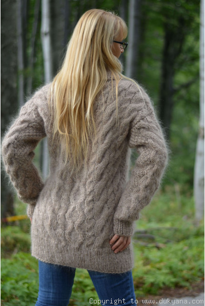 Knitted mens mohair sweater heavy cabled jumper in taupe beige