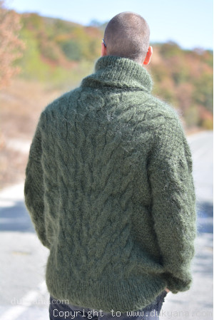 Handmade soft mohair Tneck cable  mens sweater in hunter green