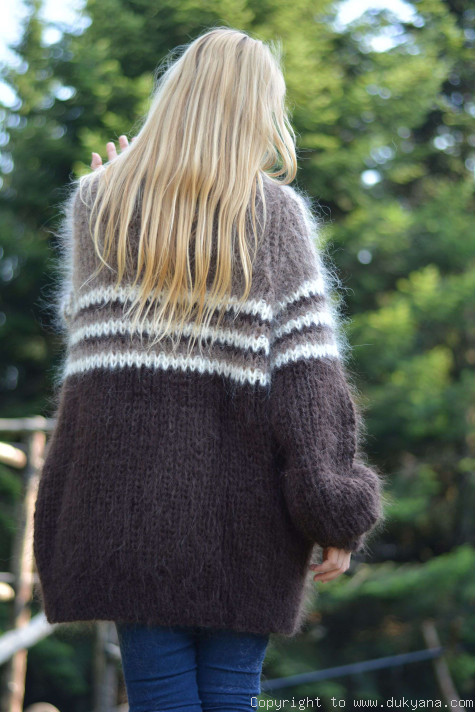 Handknit mohair sweater Tneck raglan sleeve jumper in brown/TM79