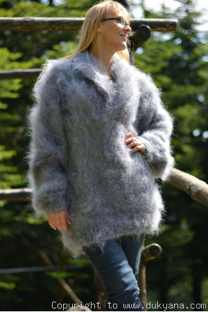 Fuzzy V-neck mens mohair shawl collar sweater hand knitted 