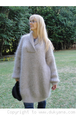 Fuzzy V-neck mens mohair shawl collar sweater hand knitted 