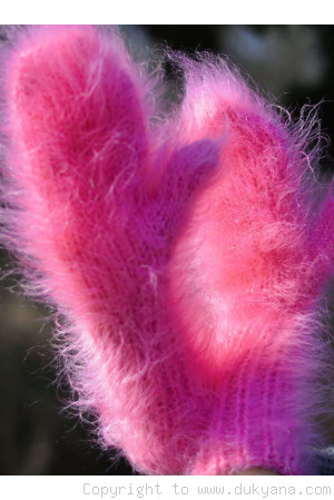 Fuzzy mohair mittens in neon pink
