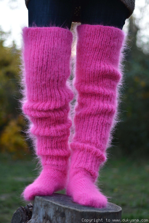 Huge mohair socks hand knitted in fuchsia