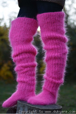 Huge mohair socks hand knitted in fuchsia