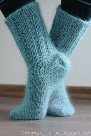 Mohair socks unisex hand knitted in aqua blue