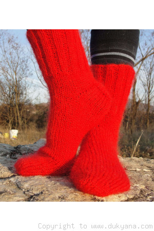 Mohair socks unisex hand knitted in bright red