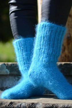 Mohair socks unisex hand knitted in turquoise blue