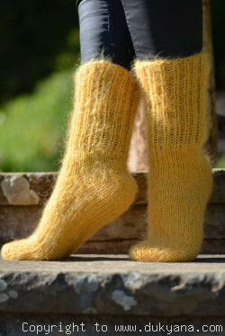 Mohair socks unisex hand knitted in ducklin yellow